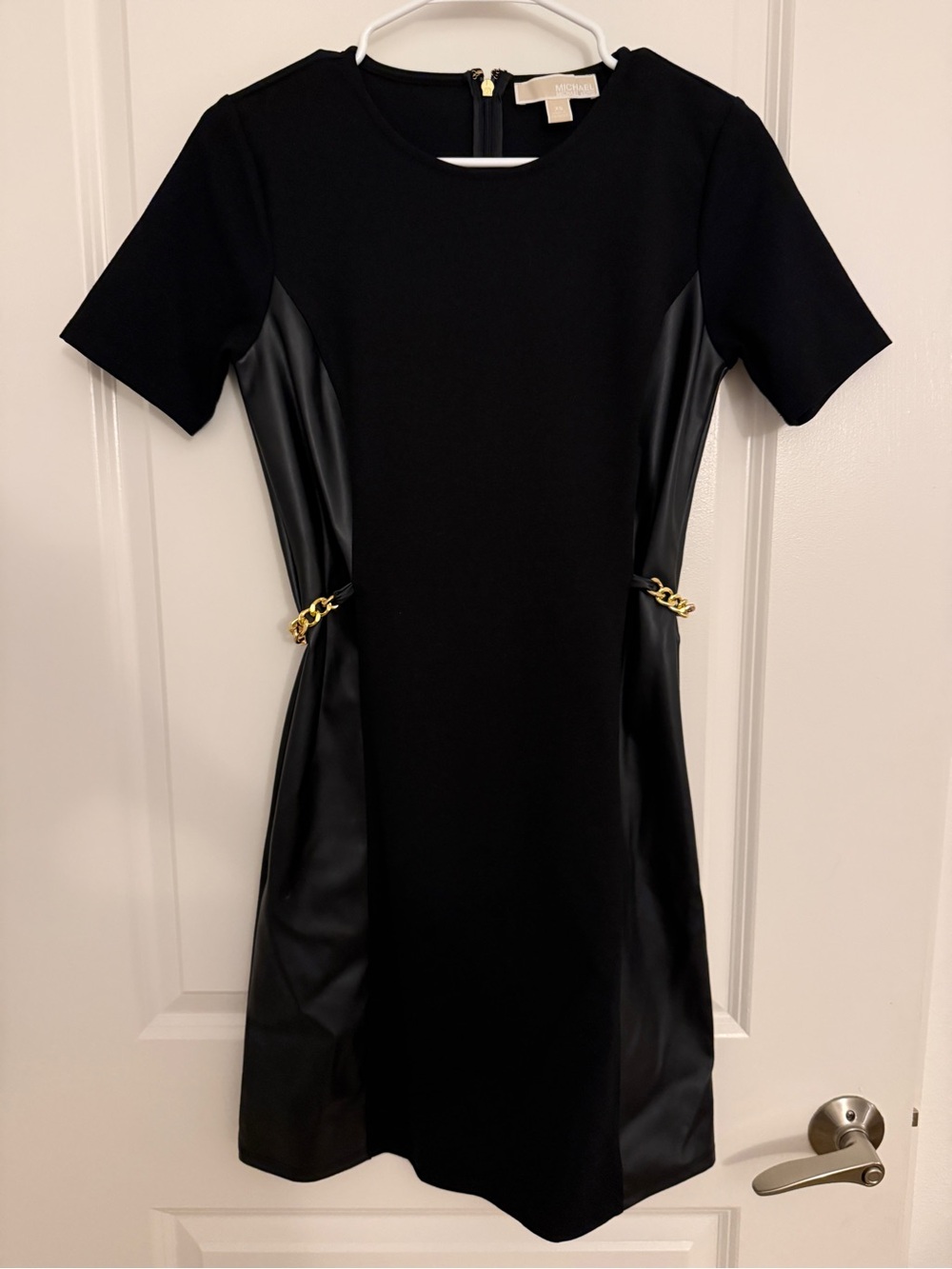 Michael Kors Black Mini Dress with Faux-Leather Panels and Gold Chain Accents